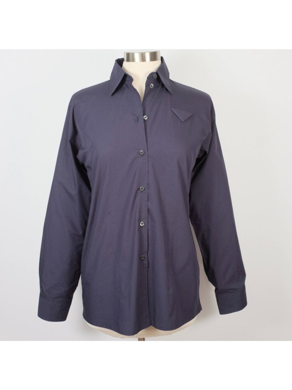 2021 PRADA Triangle Logo Poplin Blouse 38 US Small Navy Oversized